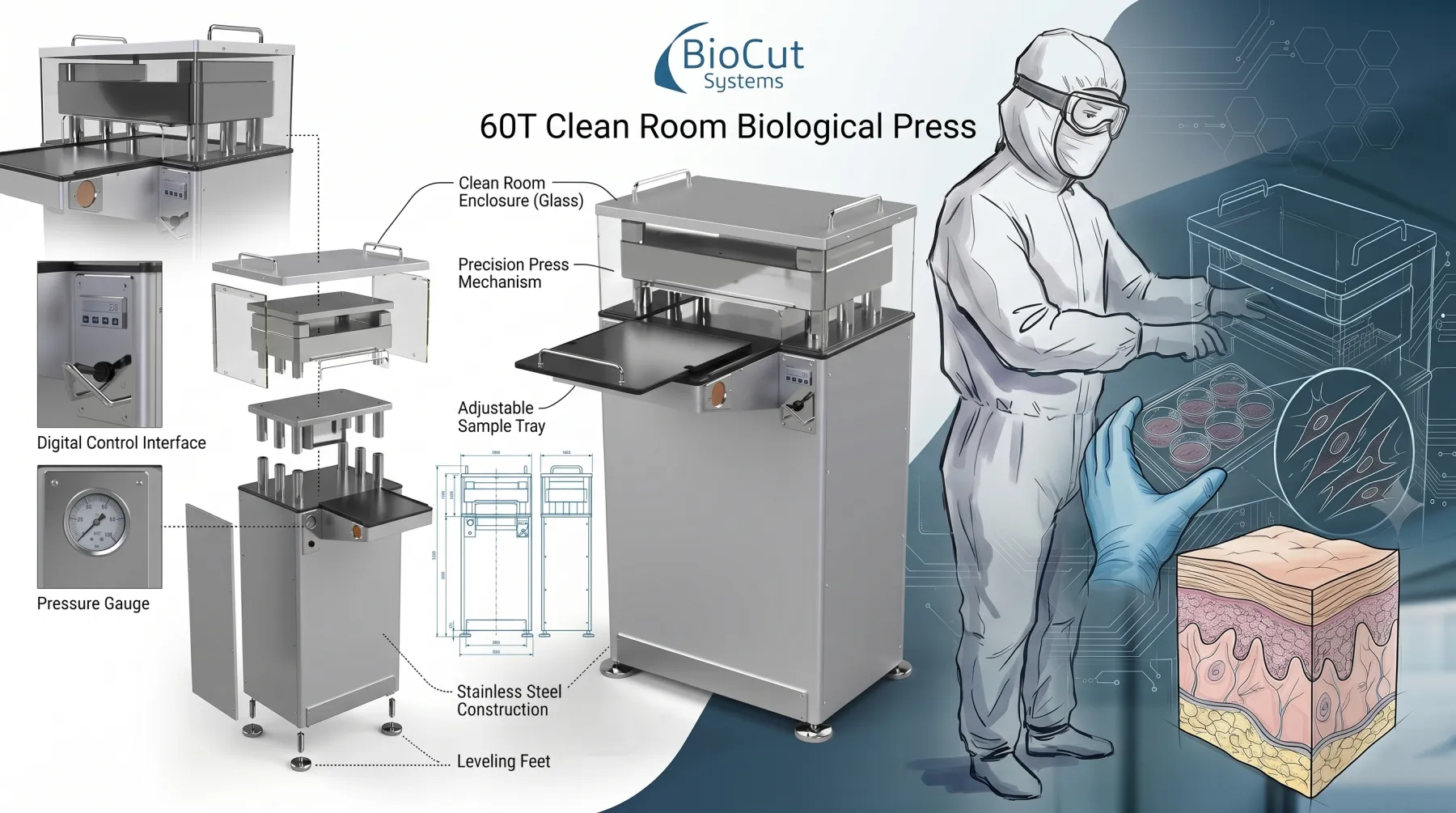 BioCut Systems 60T clean-room biological press — annotated presentation board with component callouts and dimensioned views
