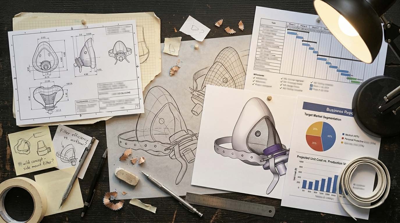 Industrial design sketches, prototypes, and market analysis on a desk